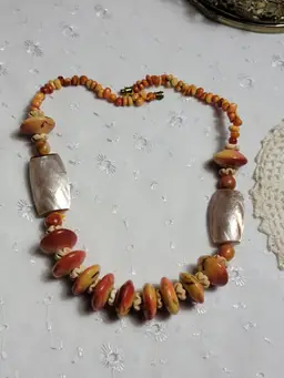 Abalone and apple coral bead necklace