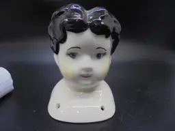 Doll Head-Porcelain-Glazed outside Bisque on inside-Black Hair- Beautiful Eyes