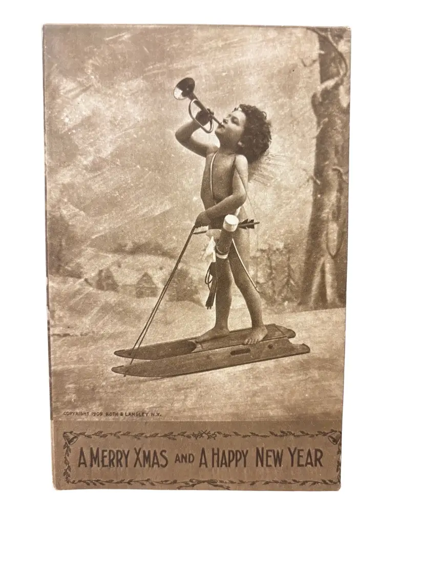 1909 Xmas And New Year Postcard Cherub Sledding Trumpet Winter Roth & Langley