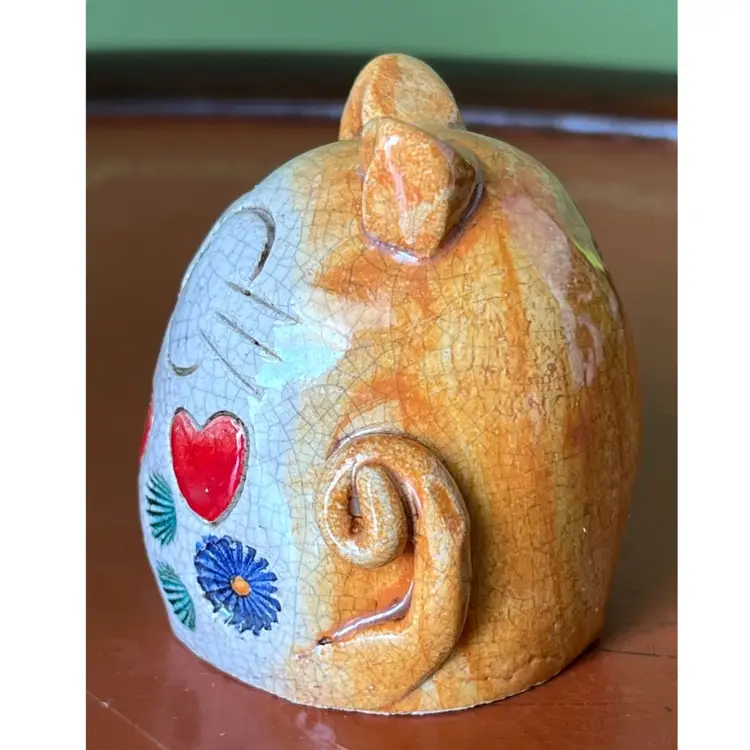 Handcrafted Ceramic Pottery Cat Figurine Red Hearts & Blue Green Flowers 2.5 in Height