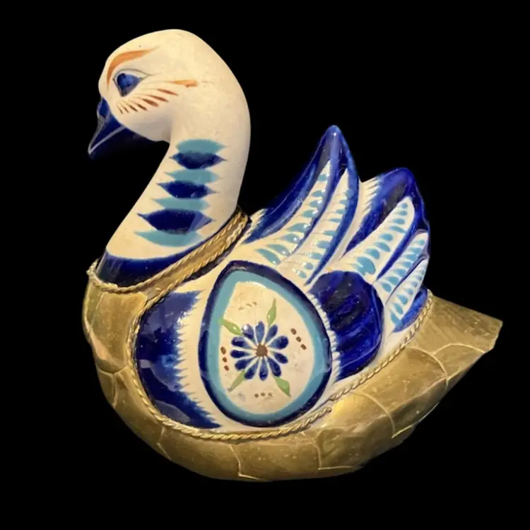 Beautiful Tonala Ceramic With Brass Swan Decorative Figurine