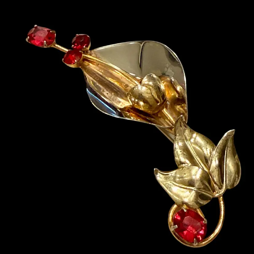 Vintage Art Deco Sterling Silver 3.5" Floral Spray Brooch Faceted Ruby Red Rhinestones, 17.7g