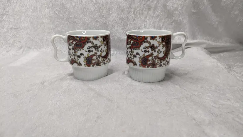 2 Vtg Paisley Stackable Mug Cups Coffee Tea Japan MCM Mid Century Modern 60s 70s Colorful