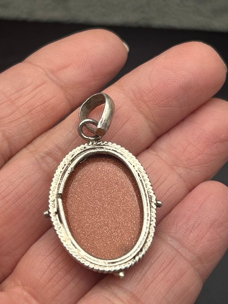 Artisan-Made Sterling Silver 925 Goldstone Pendant – Oval 1.5” Sparkling Coppery Glow
