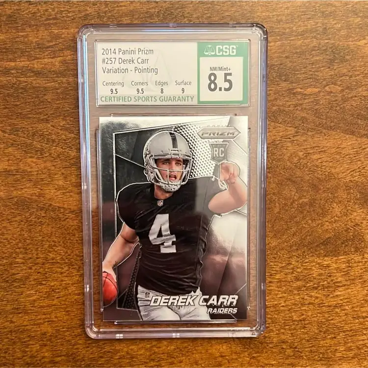 2014 Panini Prizm Derek Carr Pointing Variation Rookie Card RC #257 Graded CSG 8.5 Near-Mint to Mint+