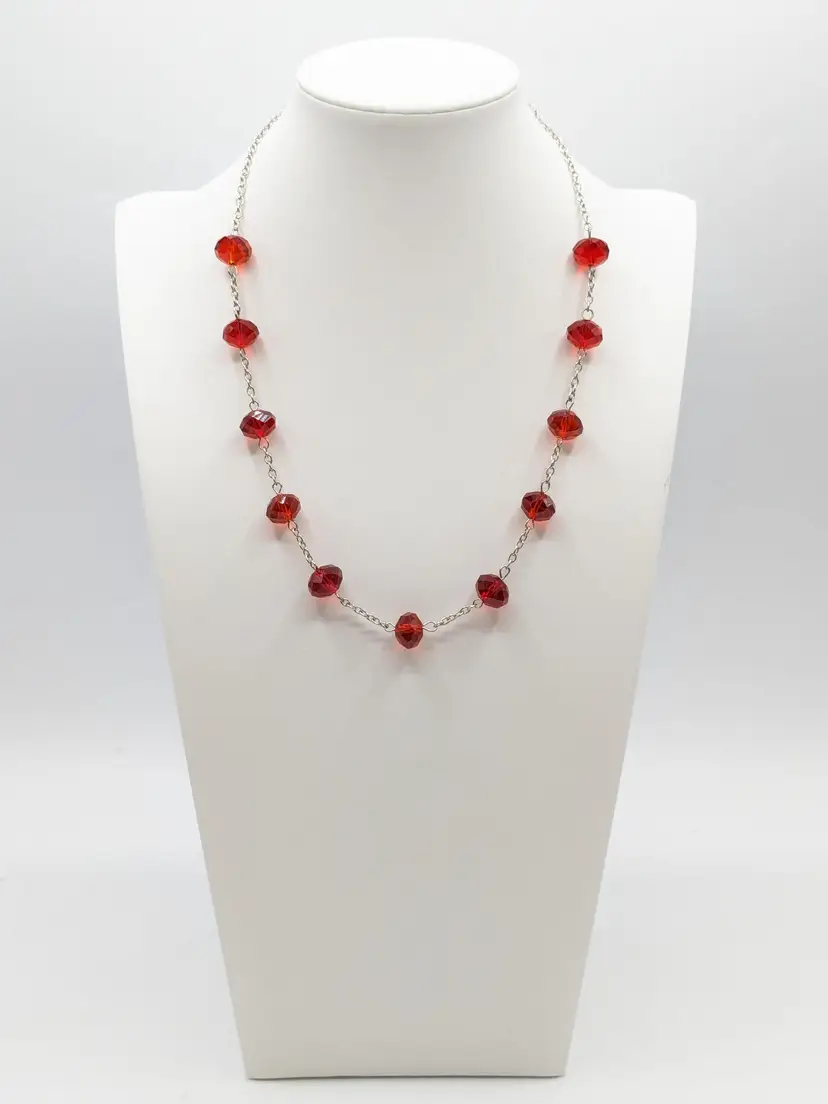 Silver Tone Red Crystal Glass Necklace