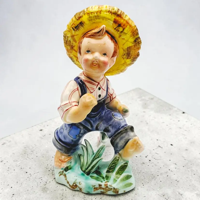 Vtg Lefton Porcelain Boy Fishing In Straw Hat Figurine Missing Fishing Rod AS IS