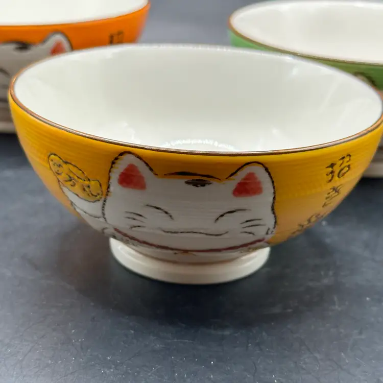 Qi Zhen Hand painted Bowl Cat Kawaii Japanese Maneki Neko SET of 3 Orange, Green & Yellow