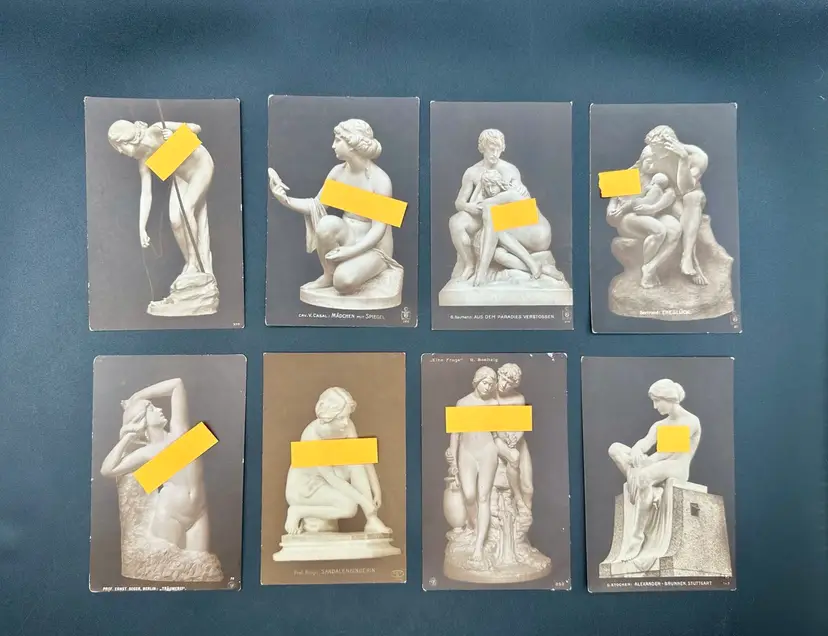 Antique Set Of 8 Mythological Statue Postcards, Three Graces, Unmarked Unposted
