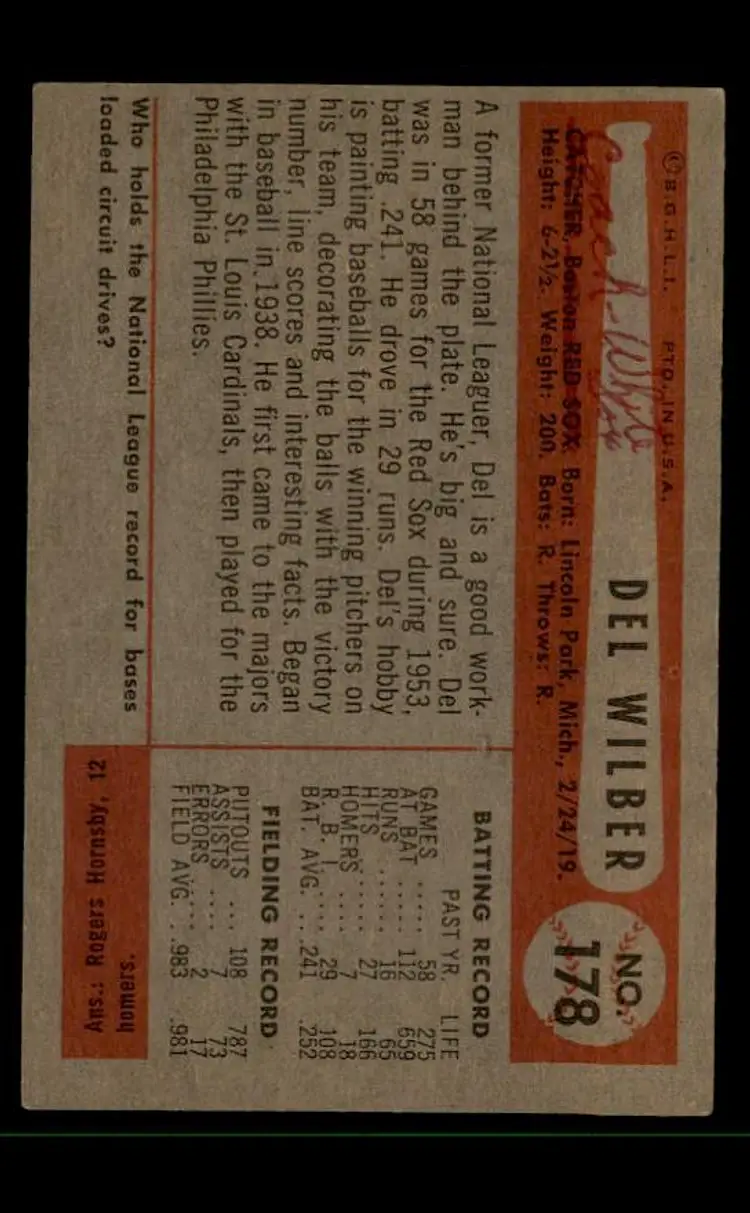 1954 Bowman #178 Del Wilber - (pk-tl3) - Boston Red Sox