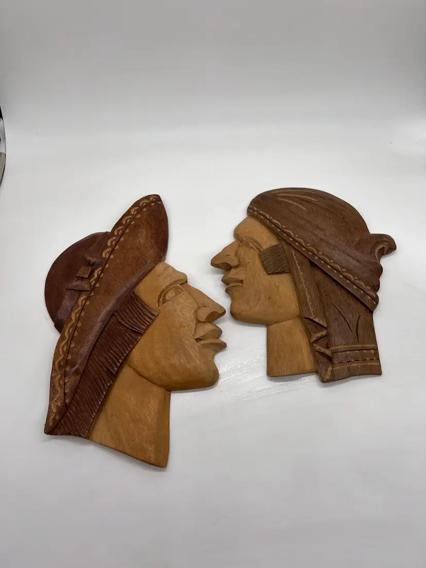 Vintage Pair Of Carved Wooden Native Ethnic Wall Plaques 14”