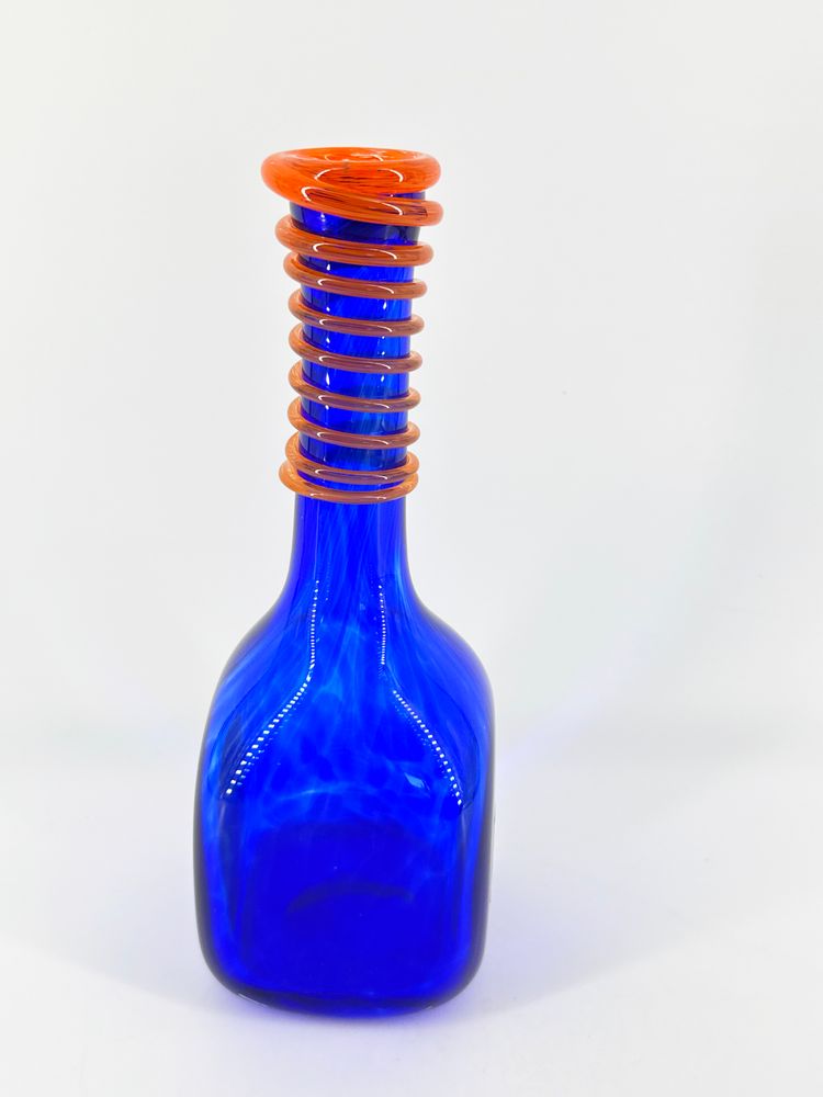 Cobalt Blue Swirled 9.25" Kalina Blown Glass Square Bottle Orange Applied Band