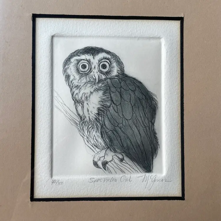 Vintage MCM Signed and Numbered “Speckled Owl” Etching by Christine McGinnis - MATTED and FRAMED! 