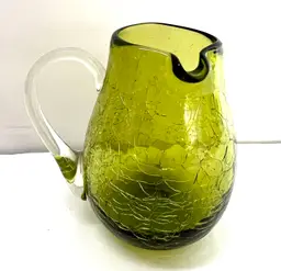 Vintage Blenko Pilgrim Glass Green Crackle Hand Blown Glass Pitcher or Vase