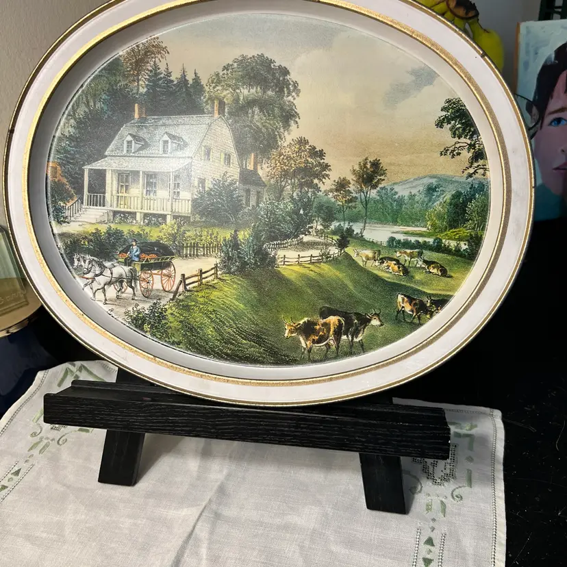 Vintage Tray Oval The American Homestead Summer By Courier And Ives 1868 Pastor Rule Scene Signs Of Wear Consistent With Age 14”