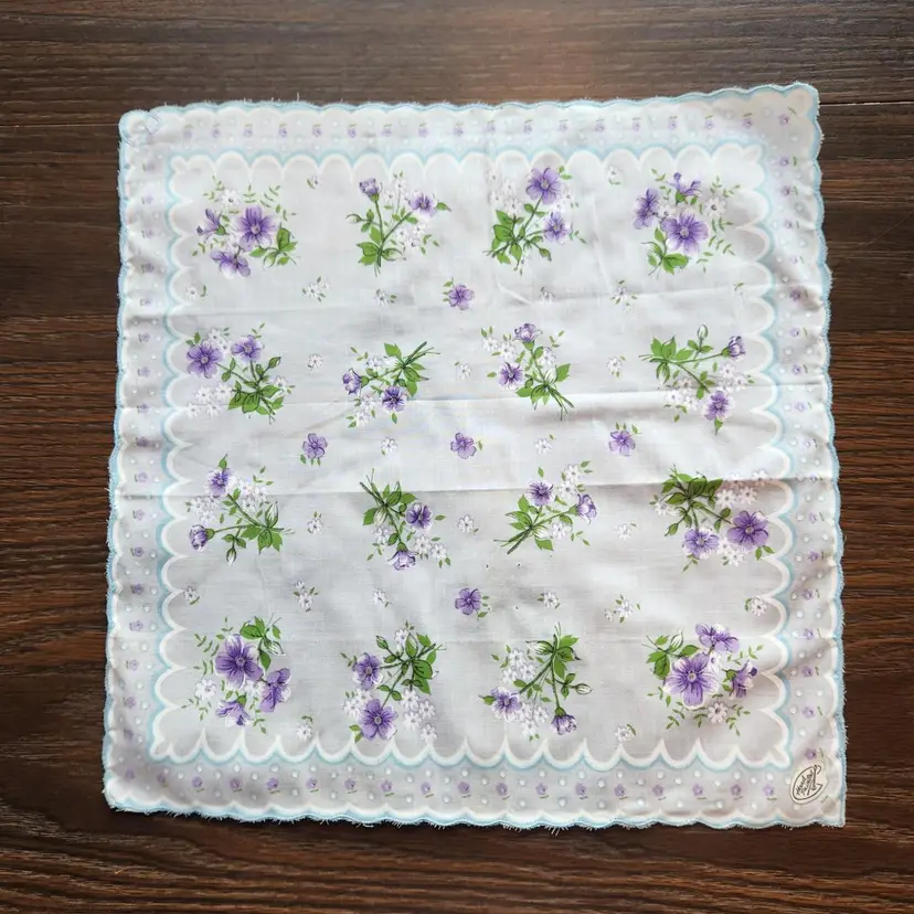 Hand Painted Handkerchief Violet Floral Square Hanky Bridal Blue Wedding Vintage Old Stock w Tags