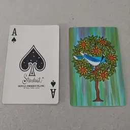 1 Single Swap Card - Playing Card. Vintage MCM. Bird in flower tree. Stardust. Made in MN. Ace of Spades. Dimension 2.5 x 3.5. Read description.