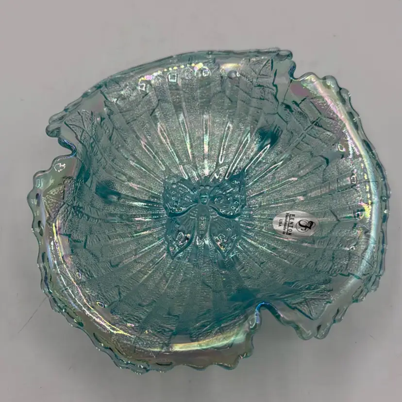 Fenton Blue Iridescent Ruffle Bowl With Butterfly