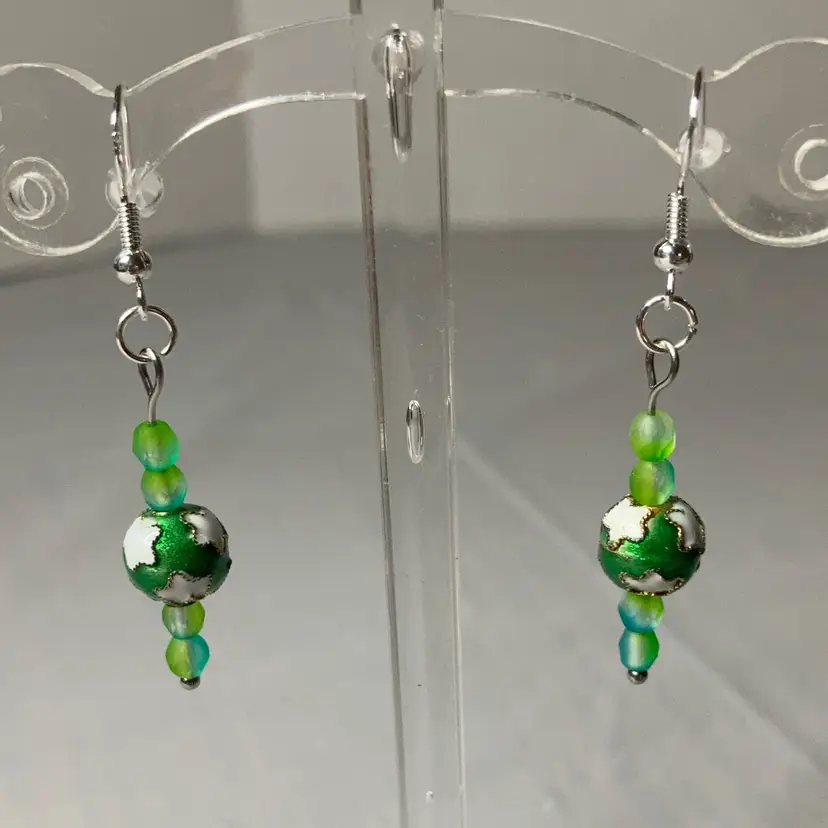 2” Drop Sterling Silver 925 Stamped Fish Hook Dangle Earrings With Enamel Green And White Stars Center Beads! Made By Me!