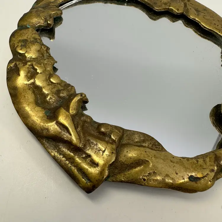 Art Nouveau Brass Crescent Moon Mirror: Celestial Vanity Decor