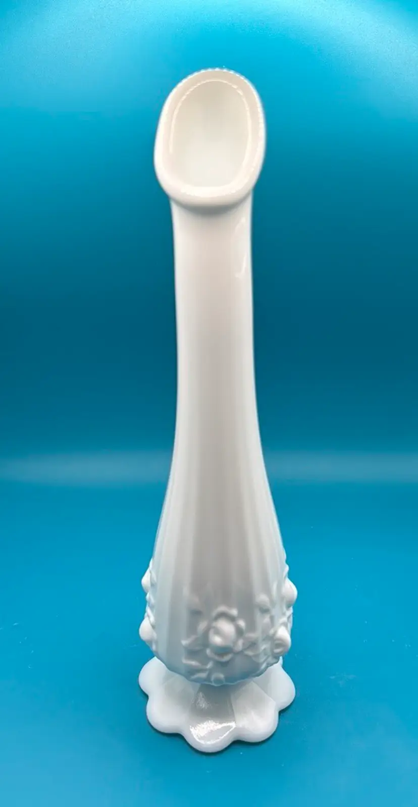 Fenton Milk Glass Cabbage Rose Swung Bud Vase 10” tall
