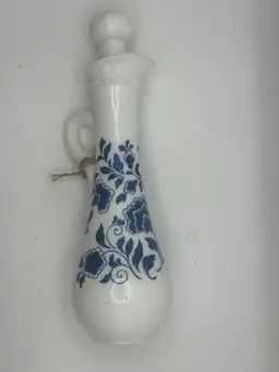 Vintage Avon Delft Blue Milk Glass Bath Oil Pitcher 9”