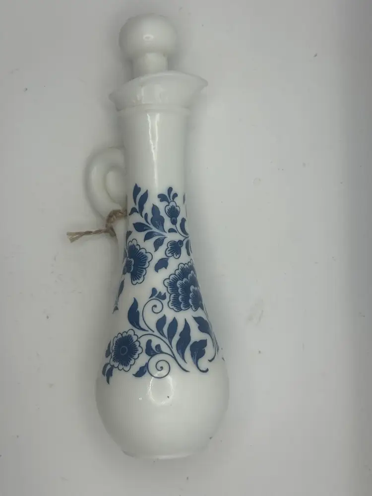 Vintage Avon Delft Blue Milk Glass Bath Oil Pitcher 9”