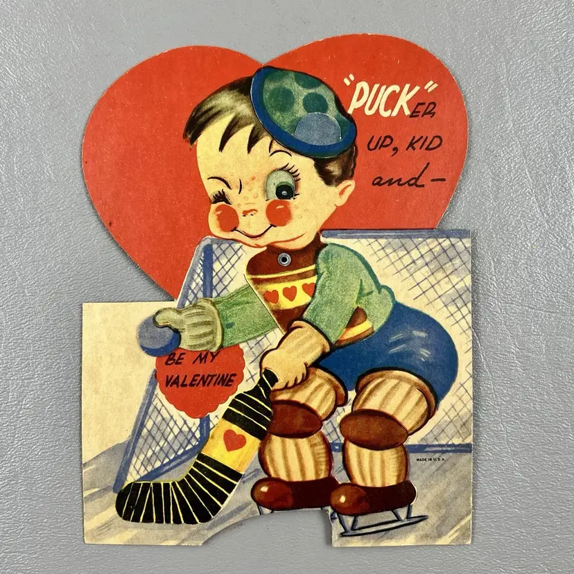 Vintage Mechanical Valentine Card Die Cut Hockey Goalie Ice Skates Boy "Puck"er Up Kid 5.75" USA
