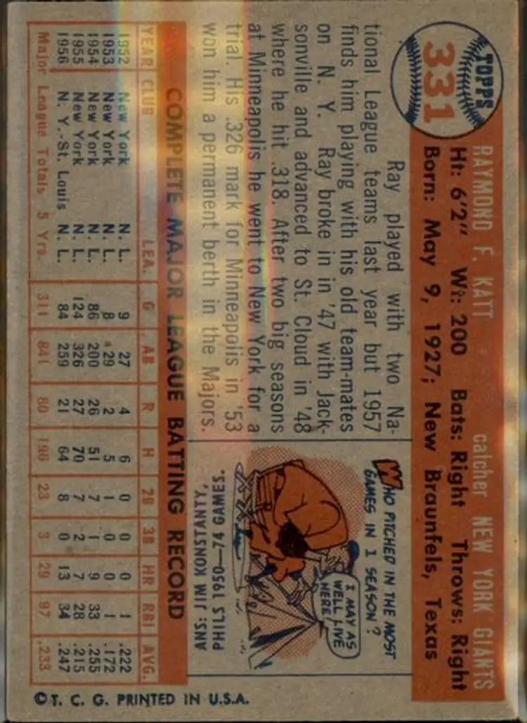 1957 Topps #331 Ray Katt - ( pk1 ) - New York Giants
