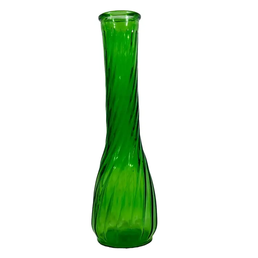 Vintage Emerald Green Glass Marked 4094 3 MCM Swirl Ribbed Glass Vase 