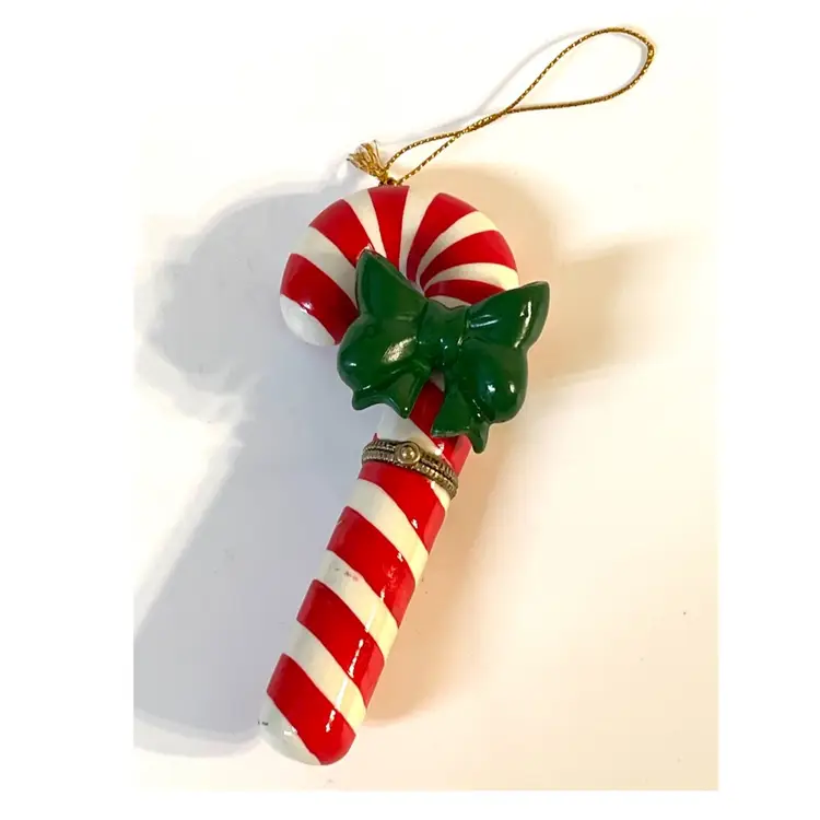 Ceramic Candy Cane Red & White Christmas Ornament Trinket Box Green Bow 5.2 in