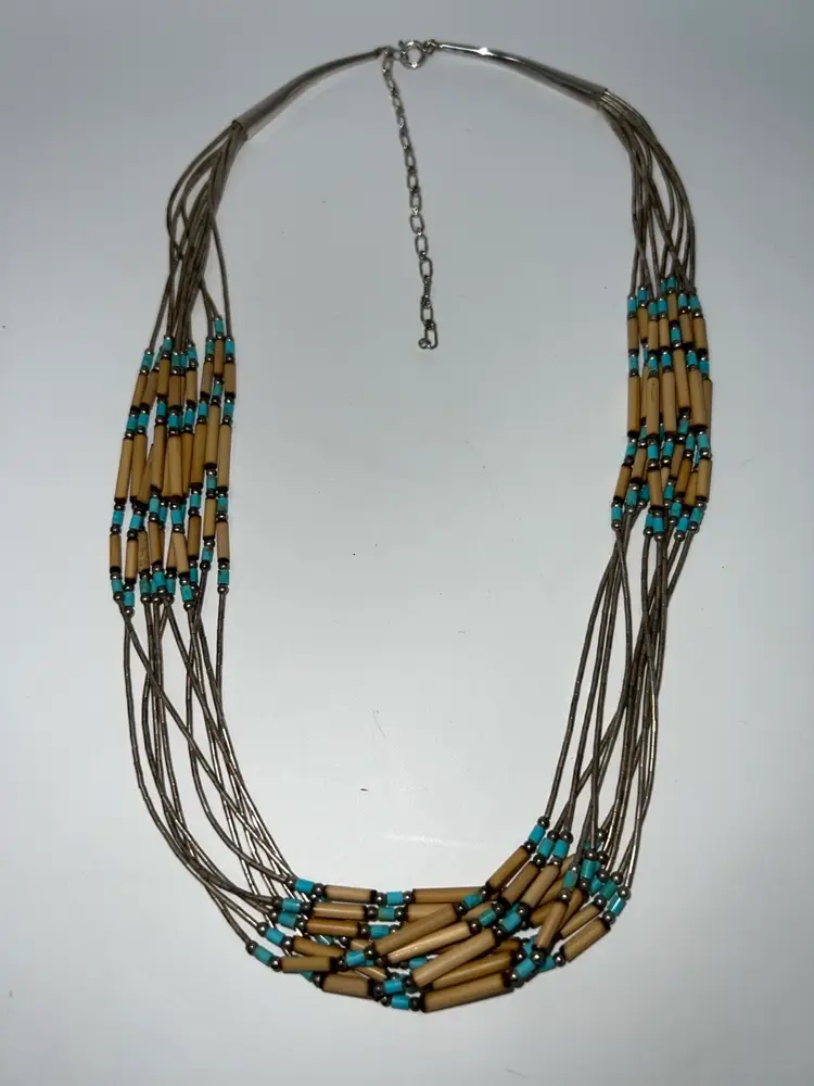 Native American Signed Turquoise Liquid Heishi Sterling Silver 10 Strand Necklace