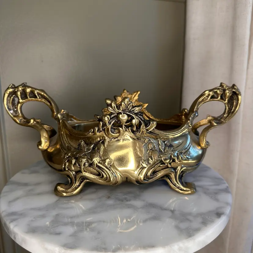🔔 Stunning Antique French Rococo Style Brass Jardiniere Planter Centerpiece Bowl with Original Liner