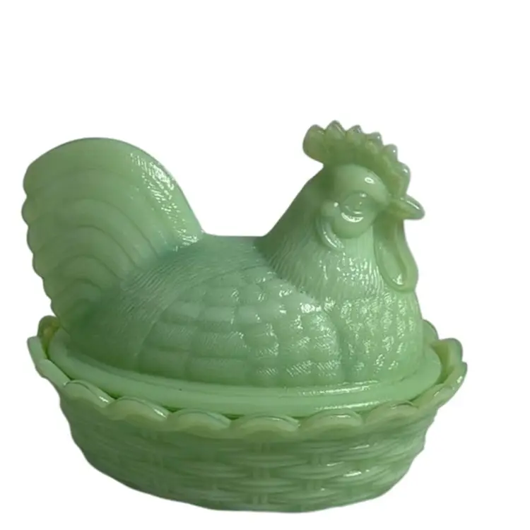 Fenton ROOSTER On Nest Jadeite Green Candy/Trinket Dish With Lid  Split Tail 
4-3/4” T x 5-1/4” L x 4”W