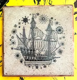 Vintage 1967 Framed 8”x8 Ceramic Tile Porsgrund K Galaaen 1967 Hangable Quite Heavy ship Imagery