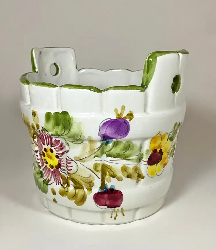 Floral Ceramic Vase, Bowl, Planter Hand Painted in Italy