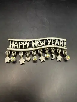 Happy New Year Vintage Brooch Silver Tube AB Rhinestones 3”