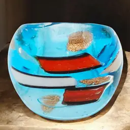 Boho Blue Red Copper Geometric Chunky Dome Hand Blown Art Glass Ring Size 7