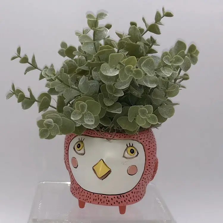Pink Birdy Pot with Faux Plant 8”