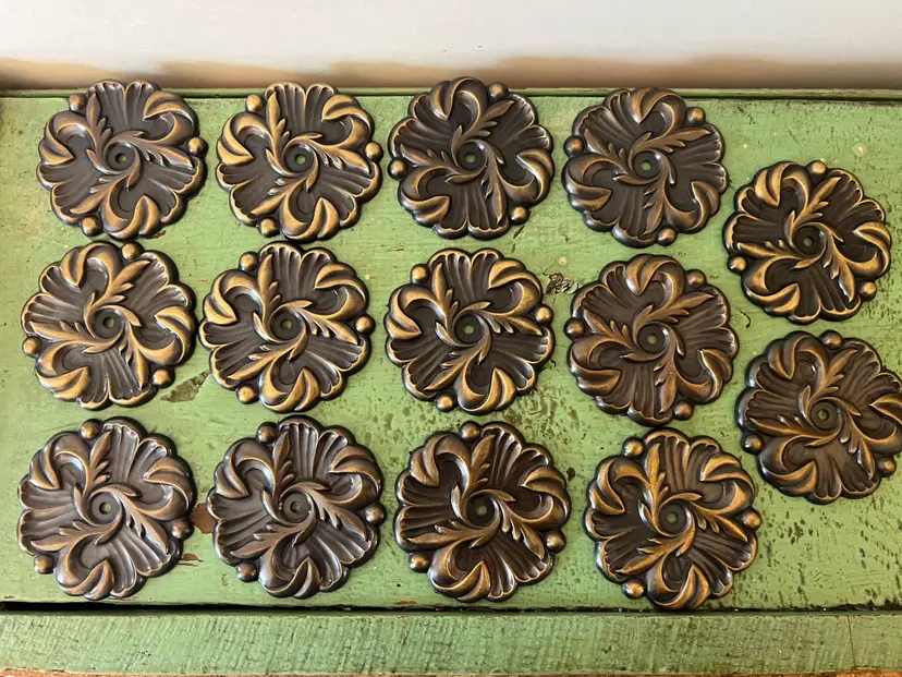Set (14) Cabinet Knob Back Plates. Vtg Amerock Provincial Antique English 2 7/8" Round Stylized Bronze Flowers. Furniture Hardware Parts