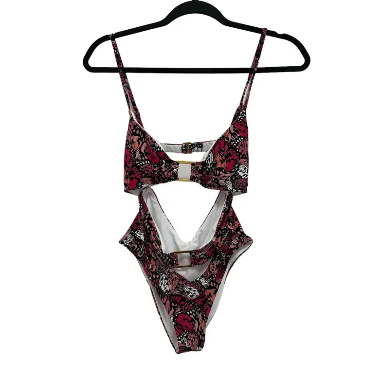 L Space Womens Small Trinity One Piece Cut Out Swimsuit Black Pink Butterfly NWT