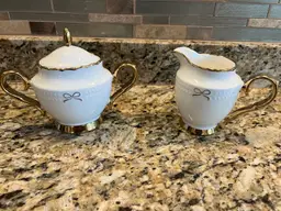 Coquette Yedi Ceramic Sugar Bowl and Creamer Set White with Gold Bows and Trim