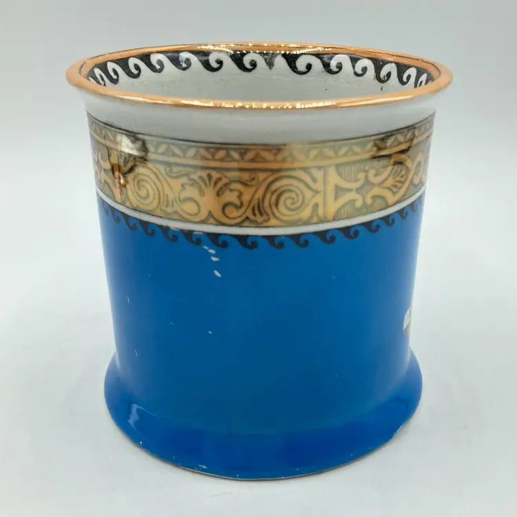Antique Ironstone Transferware Shaving Mug Vases Urns on Shelf Blue Peach Luster
