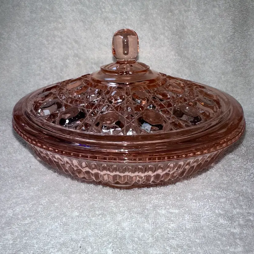 Vintage 1970s Indiana Glass Windsor Pink (Peach Ballad) Cane Button Covered Dish