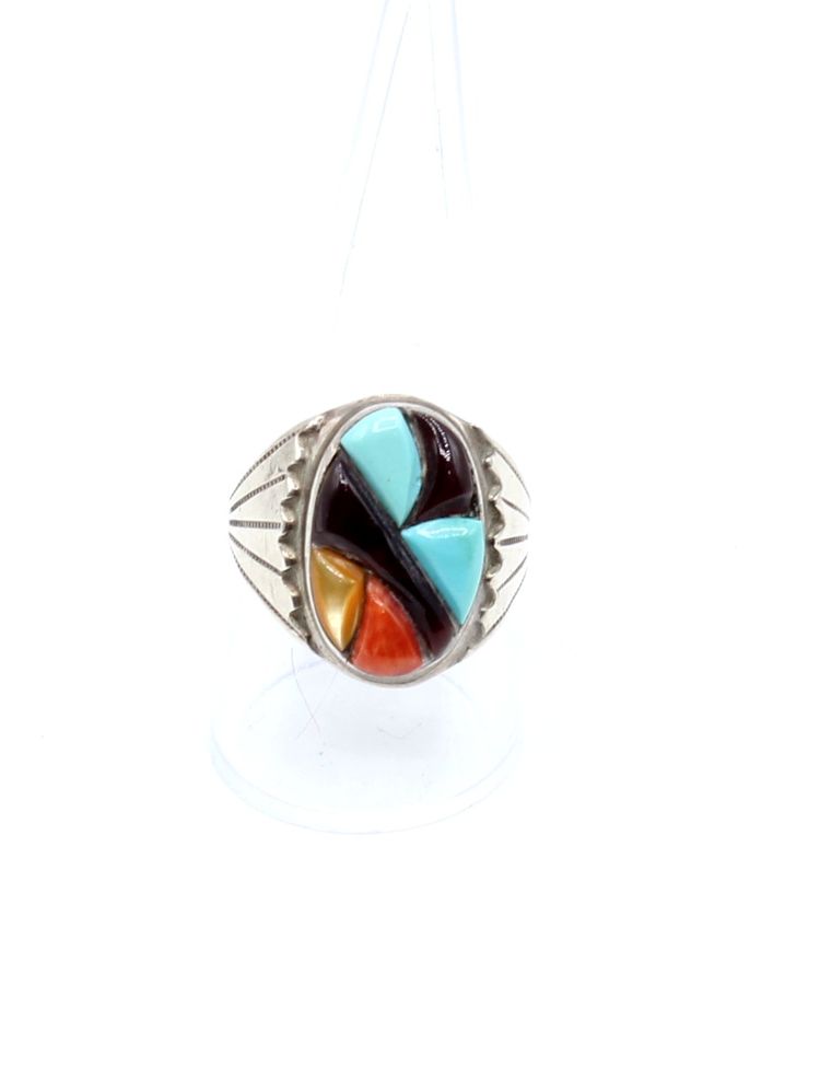 Richard & Geneva Terrazas Zuni Inlay turquoise coral sterling size 10.5 ring 13.23g