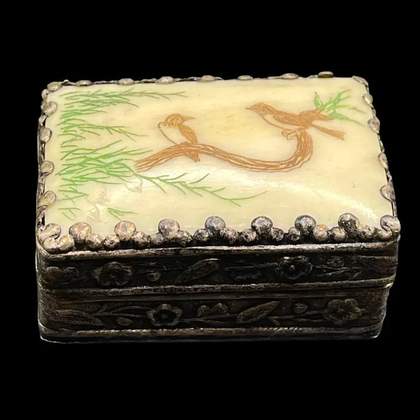 Vintage Chinese Porcelain Shard Box Two Birds On A Branch w Mirror Trinket Box