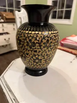 Vintage Brass/metal Vase w/Hand-Etched/Carved? Flowers Pattern