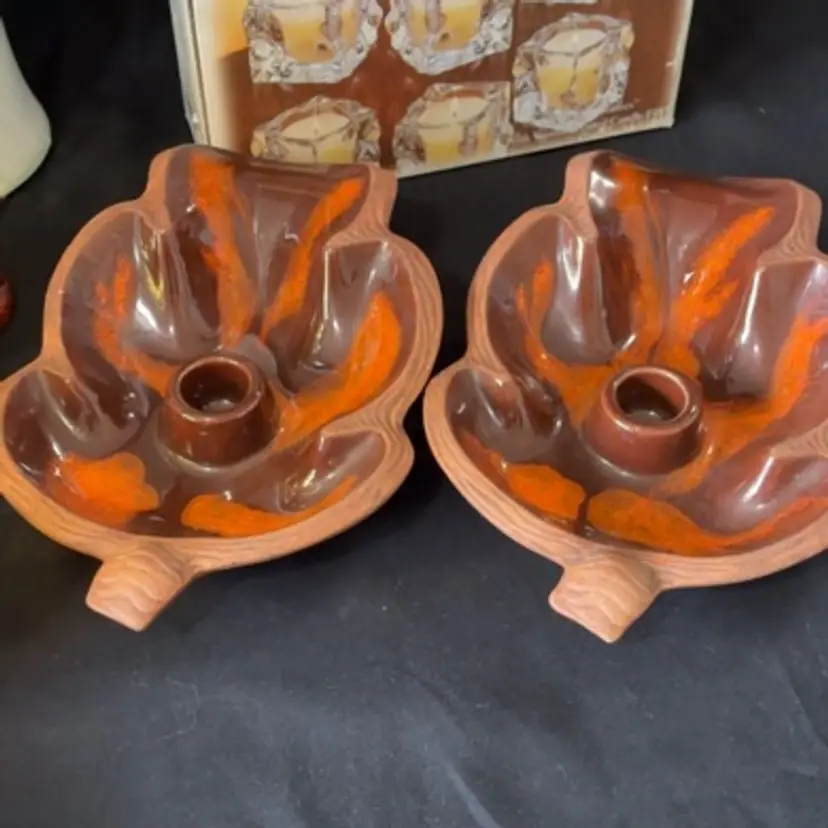 Brown And Orange Mcm USA Pottery Candle Holder Set