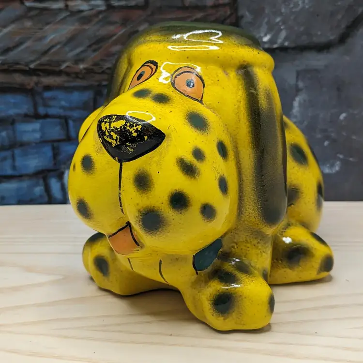 BELLINI Italian Ceramic Dog Bank Sculpture Figurine Label MCM Rare handmade Spotted Made Italy Derby Face 50s 60s Colorful
