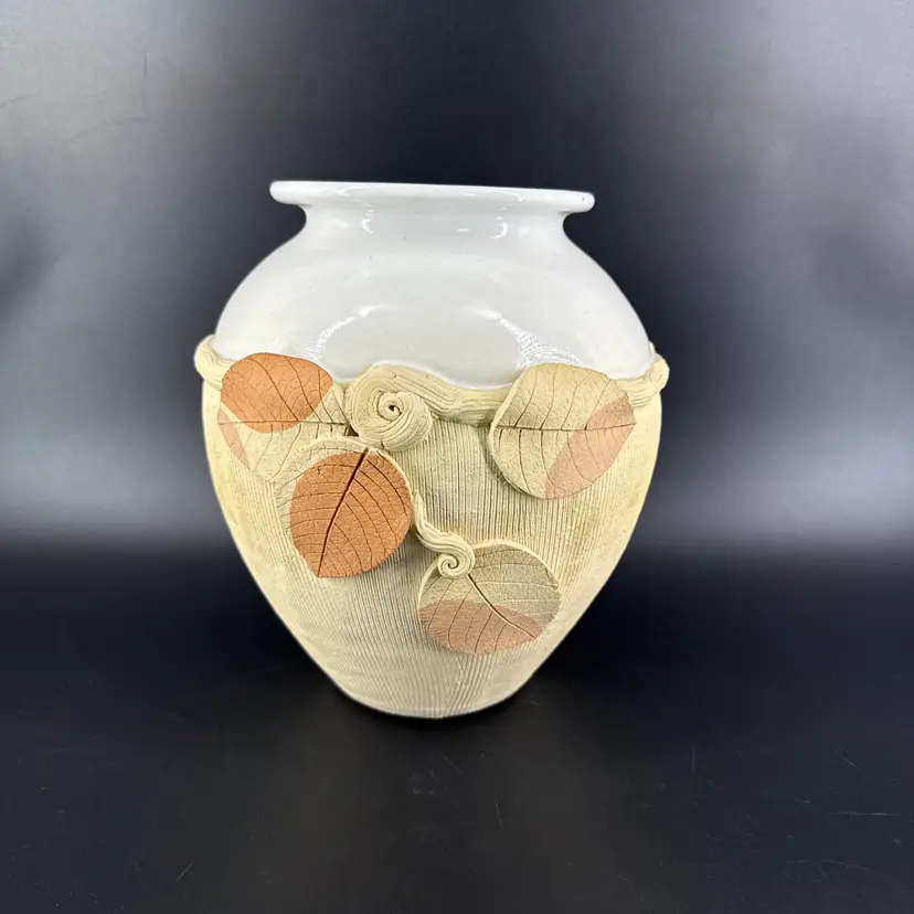 Signed Brigette Haag Studio Art Pottery 8.5" Vase Etched Leaves Textured